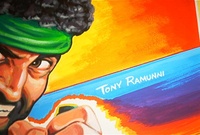 Image # 71177: Special Force Original Backglass Artwork - Detail 
(Artist is Tony Ramunni. Watercolor on posterboard.Dimensions 24 1/2 inches by 25 1/2 inches. Metal frame is 30 1/2 by 32 inches.)