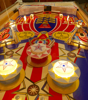 Image # 74917: Spirit of 76 Sample Game - Illuminated Playfield - Downfield View 
(Serial number 01267 S.)