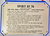 Image # 74920: Spirit of 76 Sample Game - Instruction Card - 3 Ball 
(Serial number 01267 S.)