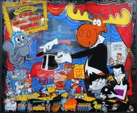 Image # 63422: Adventures of Rocky and Bullwinkle and Friends Backglass 
(On this game, Bullwinkle's right arm is broken.)