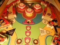 Image # 67680: Stage Coach Upper Playfield 
(The color positions of the pop bumper caps and their skirts do not match the game in the manufacturer's flyer.)