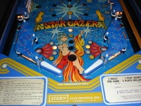Image # 32345: Star Gazer Lower Playfield 
(Instruction and score cards are reproductions. Serial number 732.)