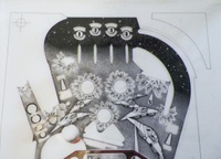Image # 70921: Stellar Wars Original Playfield Artwork 
(Artist is Constantino Mitchell.Ink and Rubylith marker on Mylar film.Dimensions 31 inches by 44 inches.)