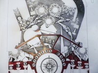 Image # 70922: Stellar Wars Original Playfield Artwork 
(Artist is Constantino Mitchell.Ink and Rubylith marker on Mylar film.Dimensions 31 inches by 44 inches.)