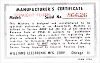 Image # 80381: Straight Flush Manufacturer's Certificate 
(Located on upper apron. Serial number 86626.)