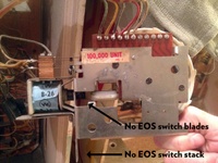 Image # 59968: Straight Flush 100,000 Drum Unit - No EOS Switch - Annotated 
(An End-Of-Stroke switch was not factory-installed on this drum unit and would be one of the components needed to illuminate the 1,000,000 point value that is silkscreened on the backglass.)