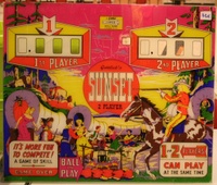 Image # 38316: Sunset Plexiglas Backglass 
(A hole was drilled in the replay window of this plastic backglass.)