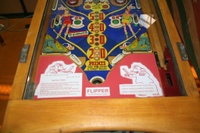 Image # 39674: Super Jumbo Lower Playfield 
(The red paper on the apron is likely reproduction, but we do not know what paper the manufacturer provided for this game.)