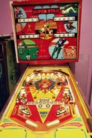 Image # 23481: Super Star Cabinet - Front View 
(The black playfield rubbers used here do not match the game in the flyer.)