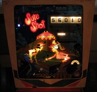 Image # 43138: Sure Shot Illuminated Backglass 
(The 100,000 point score is illuminated. An operator's sticker is affixed to the lower right corner of the glass.)