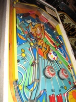 Image # 59761: Surfing Playfield - Downfield View 
(One of the pop bumper caps is not original to this game. Serial number 0383.)
