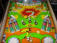 Image # 61601: Big Hit Upper Playfield - Yellow Version 
(In this version, the area between the lower flippers and the upper flipper swipes are painted yellow from the factory. Serial number 03505.)
