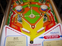Image # 61602: Big Hit Lower Playfield - Yellow Version 
(In this version, the area between the lower flippers and the upper flipper swipes are painted yellow from the factory. Serial number 03505.)