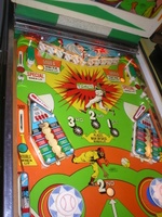 Image # 35789: Big Hit Upper Playfield - White Version 
(In this version, the area between the lower flippers and the upper flipper swipes are painted white from the factory.)