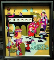 Image # 60014: 3 Jokers Sample Game - Backglass 
(The backbox is tagged '3 Jokers' with serial number 65382. The Sample insert is tagged 'Straight Flush' with a two-digit handwritten serial number.)