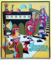 Image # 60015: 3 Jokers Sample Game - Backglass 
(The backbox is tagged '3 Jokers' with serial number 65382. The Sample insert is tagged 'Straight Flush' with a two-digit handwritten serial number.)