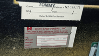 Image # 78860: The Who's Tommy Pinball Wizard Prototype - Manufacturer Sticker 
(Serial number 102959.)