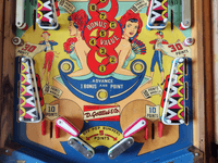Image # 81425: Toreador Lower Playfield 
(The unembossed flippers are not original to this game. The white rubber fasteners on the four plastic light shields are not original to this game. Serial number B06076T.)