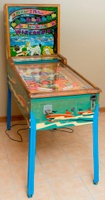 Image # 77433: Wisconsin Cabinet - Front View - Rolldown Version 
(The manufacturer produced this game with a wood console base but an owner replaced it with the legs shown here. Serial number 3392.)