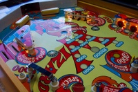 Image # 25742: Wizard! Lower Playfield - Downfield View 
(Playfield was mylared when new. Double Bonus insert is blue. Serial number 5702.)
