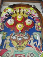 Image # 16021: World Beauties Upper Playfield 
(The four red ball guides and the four yellow ball guides have switched positions on this game.)
