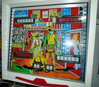 Image # 64419: Gun Men Backglass 
(This game has the modified playfield.)