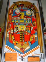 Image # 36650: Gun Men Playfield 
(This playfield has no drilled holes in the outlanes to indicate there ever were factory-installed mini-posts .)
