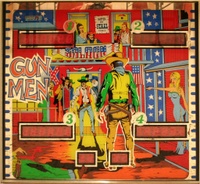 Image # 43779: Gun Men Backglass 
(The photographer is reflected in the mirrored trim of this backglass. )