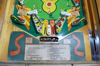 Image # 63513: Hits and Runs Instruction And Score Card 
(The flippers have been touched up with blue ink. The elevated screws below the flippers and at the right drop lane 10-point rebound rubber are not original to this game. Serial number A1283.)