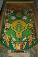 Image # 33919: Hits and Runs Playfield 
(The flippers on this game are not in the manufacturer's original positions. The right-side ballplayer figuring is missing from this playfield. Serial number A1388.)