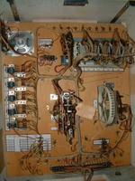 Image # 55883: Supersonic Inside Backbox 
(The jack field in the lower left corner for selecting when the biri-biri sound will activate was not installed at the factory. Along the bottom edge of the insert, only nine of the ten Ball In Play lights were wired from the factory. Serial number 00120.)