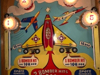 Image # 74473: Bomber Illuminated Upper Playfield 
(The manufacturer did not use black rubber rings on this game.)