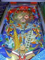 Image # 2876: Time Machine Playfield 
(The white flippers are not original to this game. They should be red.)