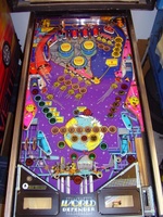 Image # 65535: World Defender Playfield 
(The three flipper assemblies have been removed from this playfield. Serial number 6521.)