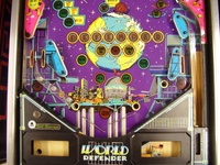 Image # 65537: World Defender Lower Playfield 
(The three flipper assemblies have been removed from this playfield. Serial number 6521.)
