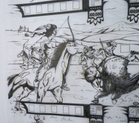 Image # 70904: Bow and Arrow Original Blackline for Backglass 
(Artist is Christian Marche.Ink/felt pen on sepia Mylar.Dimensions 28 1/2 inches by 29 1/2 inches.)