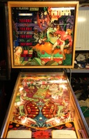 Image # 68161: Antar Cabinet - Front View 
(In this picture, the solitary drop target in center-right playfield has been lowered, and drop targets in the upper playfield have been lowered to make visible the two kick-out holes.)
