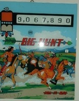 Image # 13447: Big Hunt Backglass 
(The last two digits of the score are 'dummy' (nonfunctional) zeroes, as manufactured, but the owner of this machine has placed fake numbers in the rightmost score windows. )