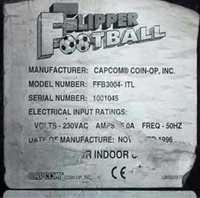 Image # 75281: Flipper Football Cabinet - Model and Serial Numbers 
(Serial number 1001045.)
