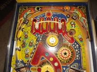 Image # 67040: Cosmic Princess Upper Playfield 
(The white rubber behind the drop targets is broken. Serial number 10433.)