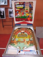 Image # 49529: Bumper Pool Cabinet - Front View 
(The comma in the backglass score was changed to a decimal point by an operator.)