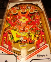 Image # 45836: red Arrow Playfield 
(The pop bumper caps do not match the ones on the game in the flyer.)
