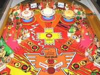 Image # 36538: red Arrow Upper Playfield 
(Not all pop bumper caps match the ones on the game in the flyer.)