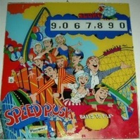 Image # 13452: Speed Rush Backglass 
(Fake numbers have been placed in the replay and score windows by the owner.)