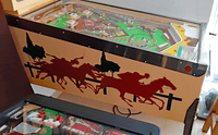Image # 74347: Running Horse Cabinet - Left 
(The cabinet has been repainted but is included here to show its other features. The art does not match the game in the flyer but the owner stated this difference was not unusual. The game in the flyer used white rubber rings.)