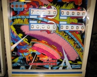 Image # 55539: Close Encounters of the Third Kind Prototype Game - Backbox Striping 
(This game has no serial number. Notice the blue and yellow backbox stripes.)