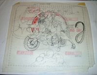 Image # 70446: Centaur Pre-Production Backglass Artwork 
(Red color instructions to the film separatorto knock out red areas in production glass.Artist is Paul Faris.Ink and pencil on Vellum.)