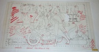 Image # 70438: Centaur II Pre-Production Backglass Artwork 
(Artist Paul Faris writes, 'This looks like my diagram of the GI lights for the backglass insert on Centaur II as well as the indication of opaque area of backglass. Centaur II did not have an original painting. It was created by assembling film from the original Centaur painting.Ink on Vellum.Dimensions: same size as production glass.)
