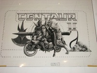 Image # 70441: Centaur II Pre-Production Backglass Artwork 
(Final production black halftone film from the original Centaur painting.Artist is Paul Faris.Dimensions 22 inches by 28 inches.)