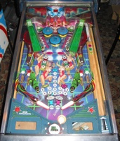 Image # 28100: Basketball Playfield 
(The one-way metal rollunder gates shown here above each slingshot instead belong in the flipper return lanes. The mini-post between the flippers does not appear on the manufacturer's flyer.)